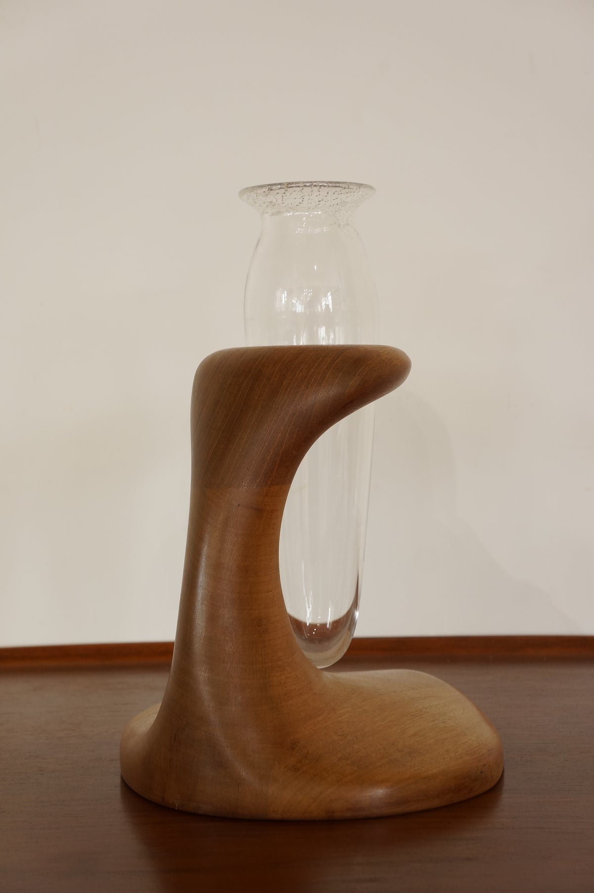 Vintage Sculptural Teak & Glass Vase