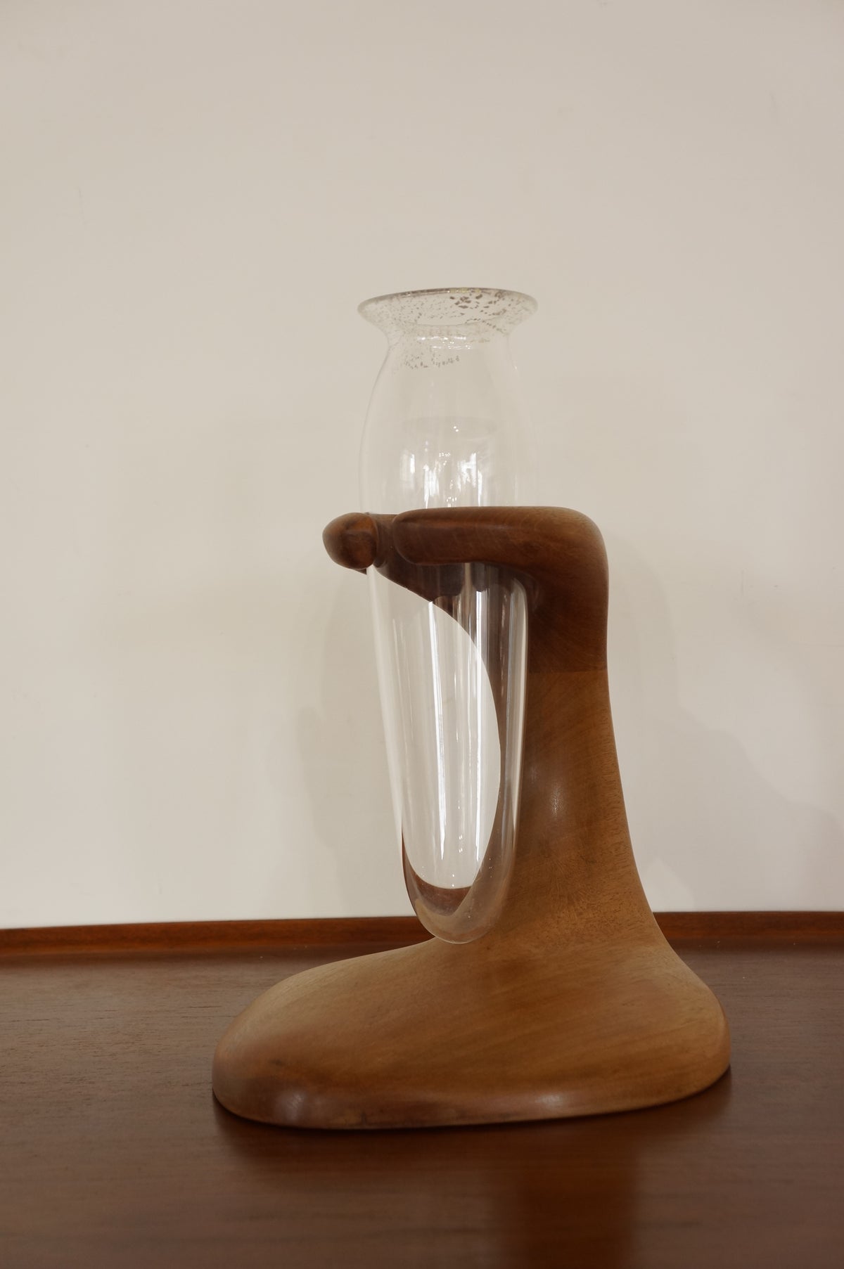 Vintage Sculptural Teak &amp; Glass Vase