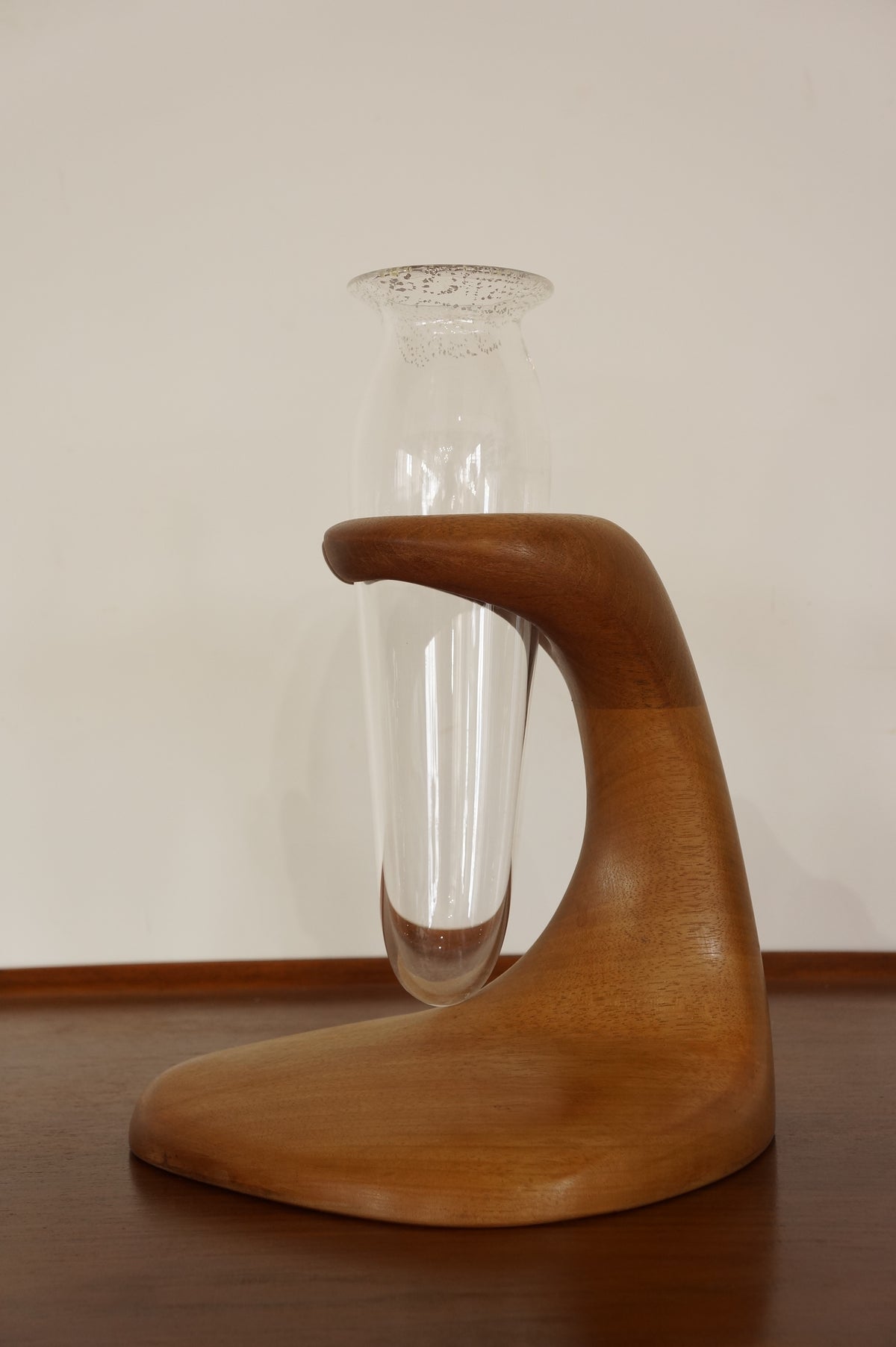 Vintage Sculptural Teak &amp; Glass Vase