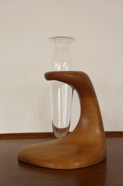 Vintage Sculptural Teak &amp; Glass Vase