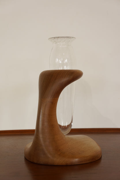 Vintage Sculptural Teak &amp; Glass Vase